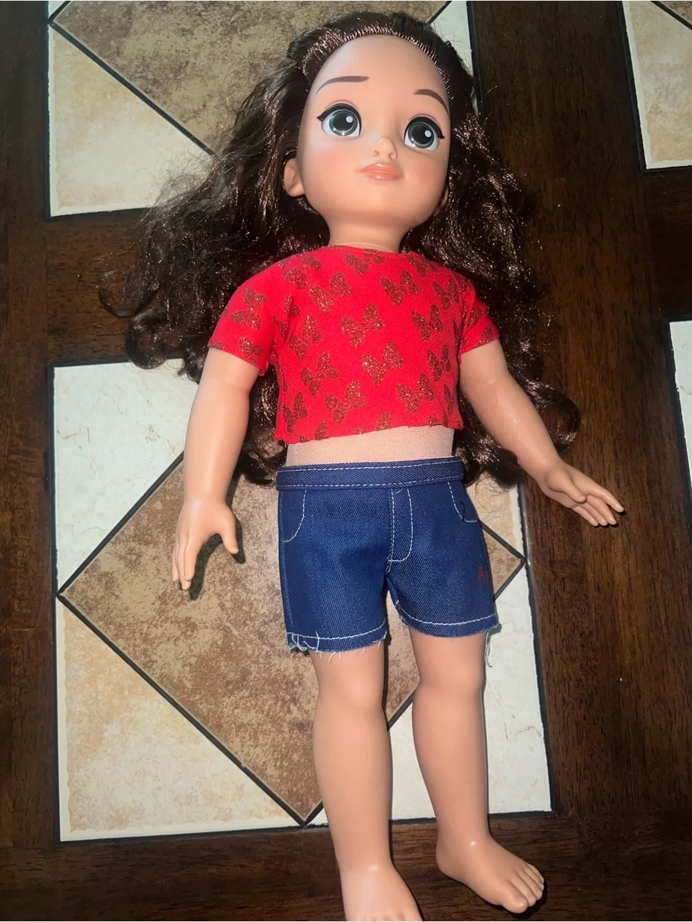 Disney Red Butterfly Print Crop Top with Blue Denim Shorts
